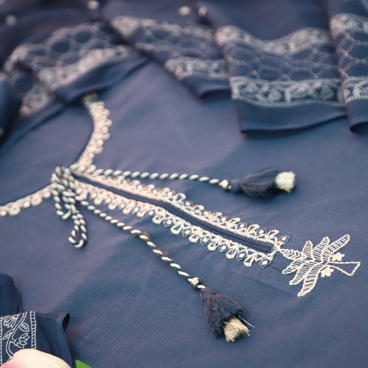 Rimjhim Navy Blue Thread Embroidered with Knot Work Cotton Suit Set