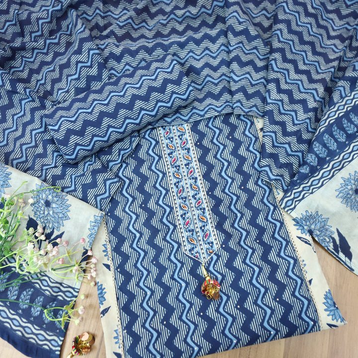 Sunaina Indigo Blue Kardana with Moti Work Panel with Zig-Zag Printed Cotton Set