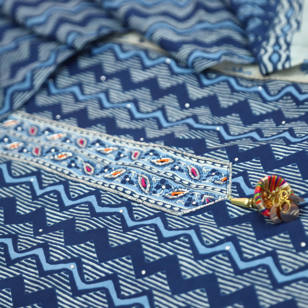 Sunaina Indigo Blue Kardana with Moti Work Panel with Zig-Zag Printed Cotton Set