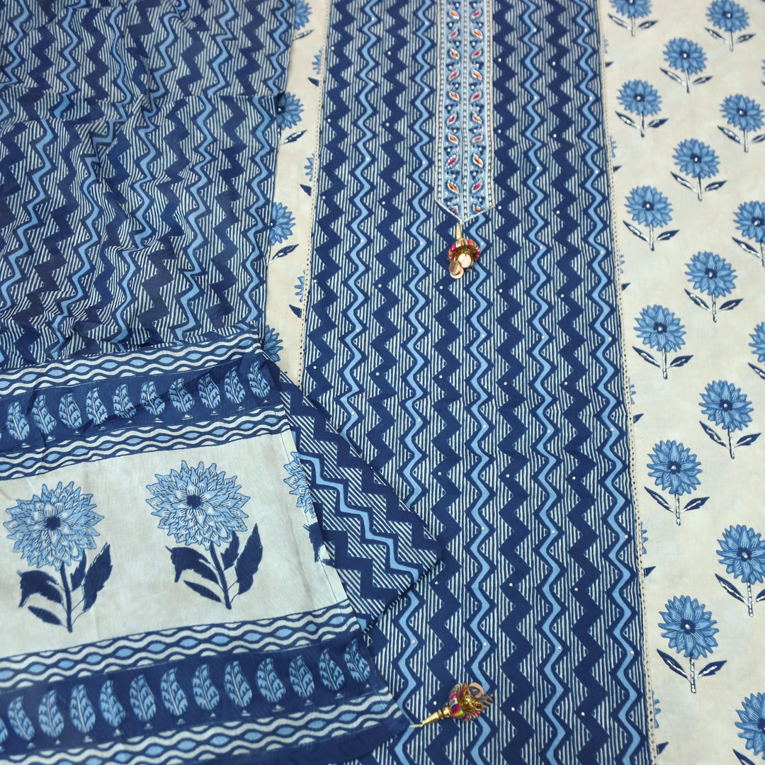 Sunaina Indigo Blue Kardana with Moti Work Panel with Zig-Zag Printed Cotton Set