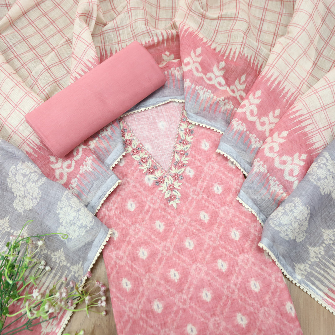 Kamaya Candy Pink V Neck Thread with Moti Detailing Printed Cotton Linen Set