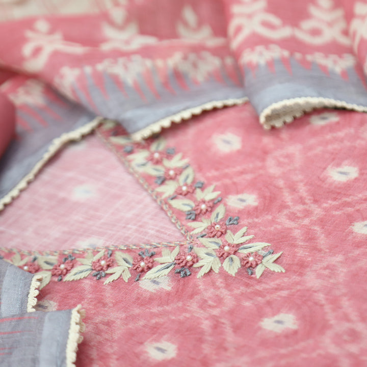 Kamaya Candy Pink V Neck Thread with Moti Detailing Printed Cotton Linen Set