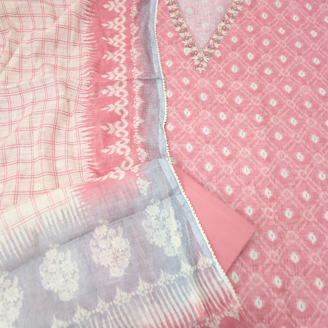 Kamaya Candy Pink V Neck Thread with Moti Detailing Printed Cotton Linen Set