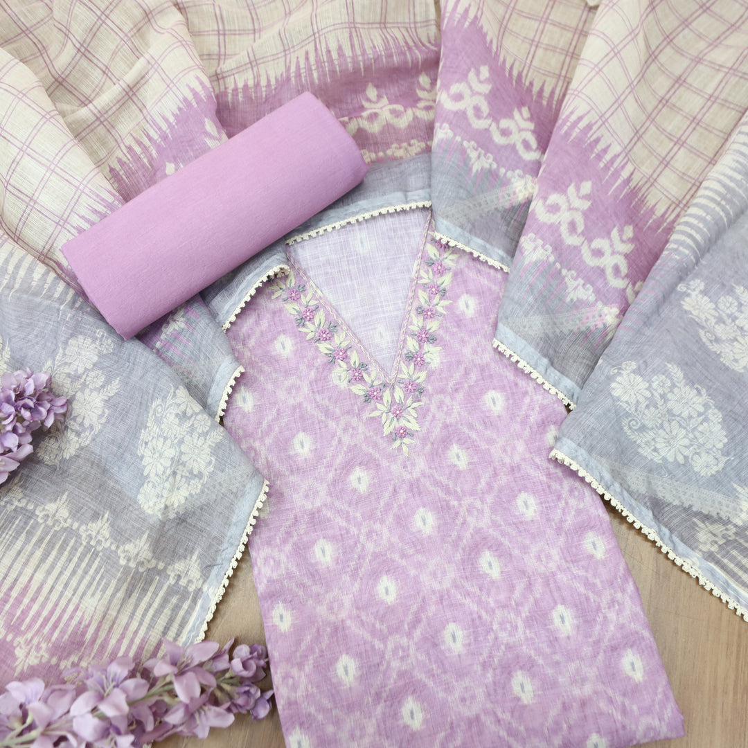 Kamaya Tulip Lilac V Neck Thread with Moti Detailing Printed Cotton Linen Set