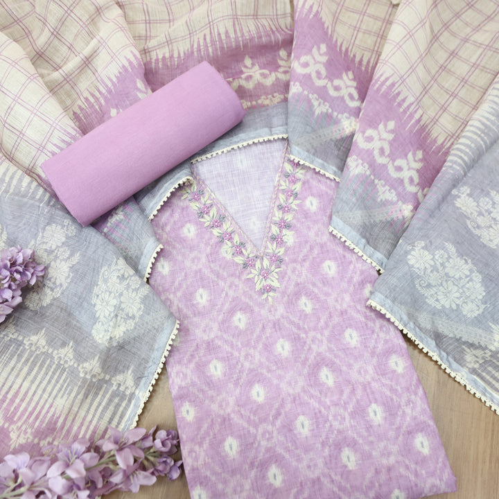 Kamaya Tulip Lilac V Neck Thread with Moti Detailing Printed Cotton Linen Set