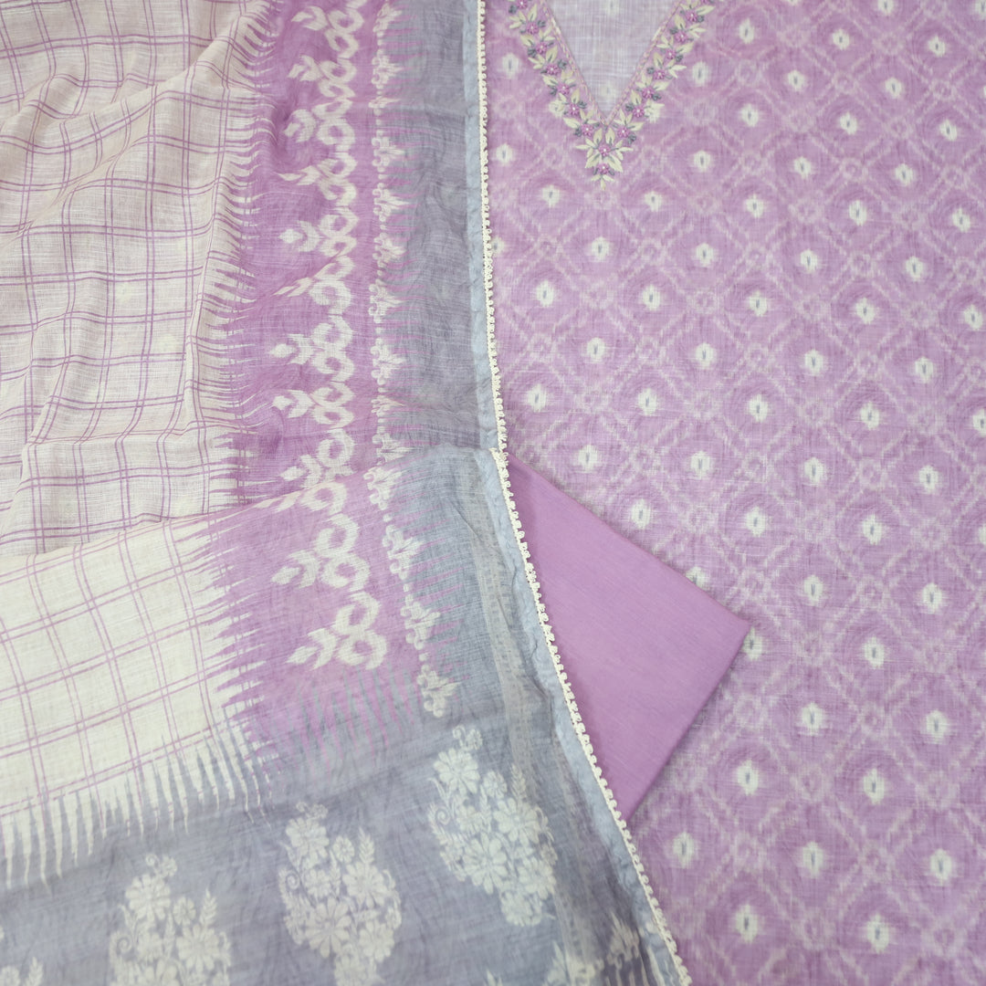 Kamaya Tulip Lilac V Neck Thread with Moti Detailing Printed Cotton Linen Set