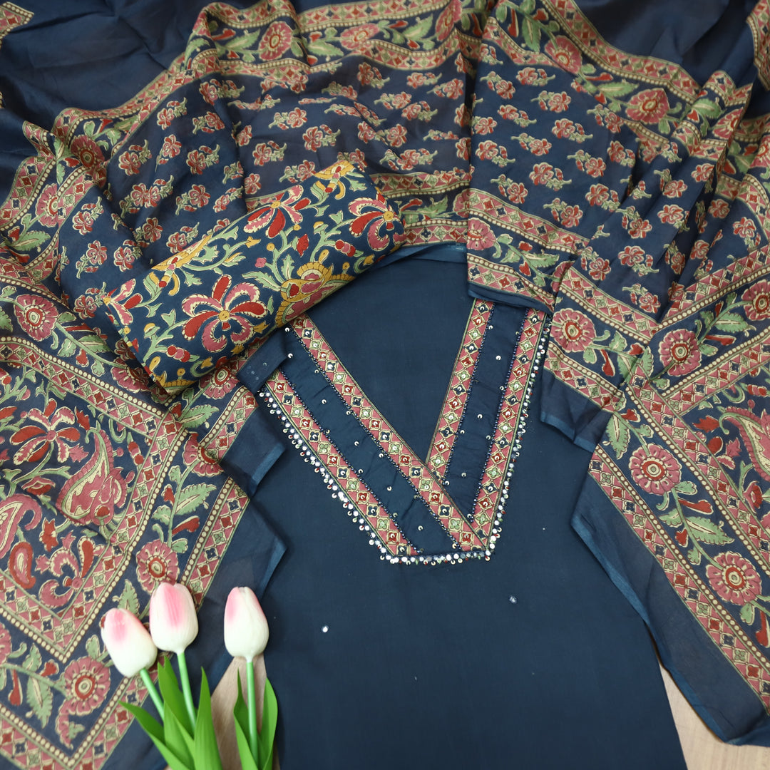 Kashvi Navy Blue V Neck Patch with Moti Work Detailing Cotton Suit Set