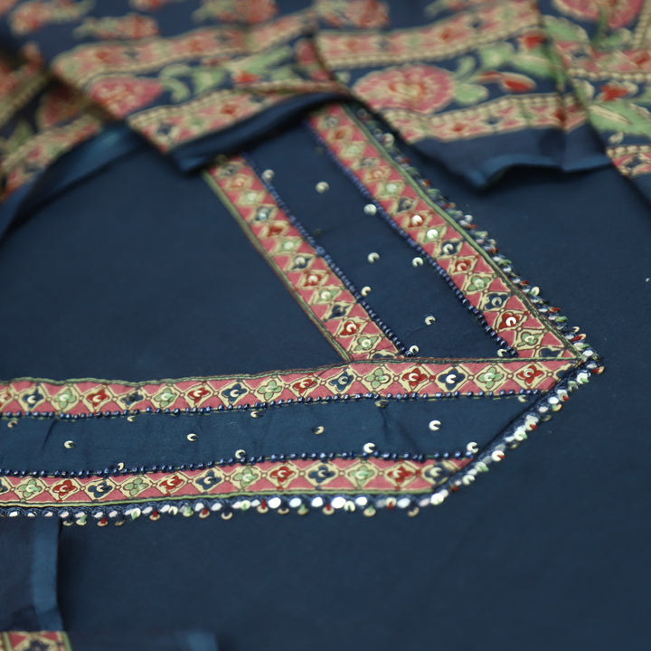 Kashvi Navy Blue V Neck Patch with Moti Work Detailing Cotton Suit Set