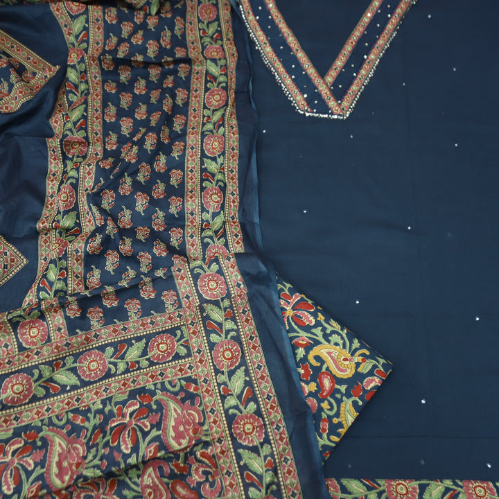 Kashvi Navy Blue V Neck Patch with Moti Work Detailing Cotton Suit Set