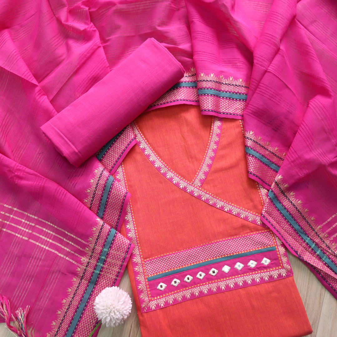 Sanskruti Orange with Magenta Angrakha Style South Cotton Temple Hem Suit Set