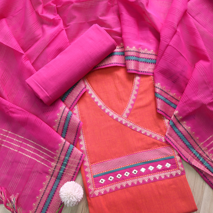 Sanskruti Orange with Magenta Angrakha Style South Cotton Temple Hem Suit Set
