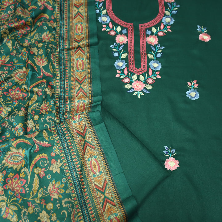 भानु Dark Green with Elegant All Over Embroidery Work Semi Pashmina winter Set