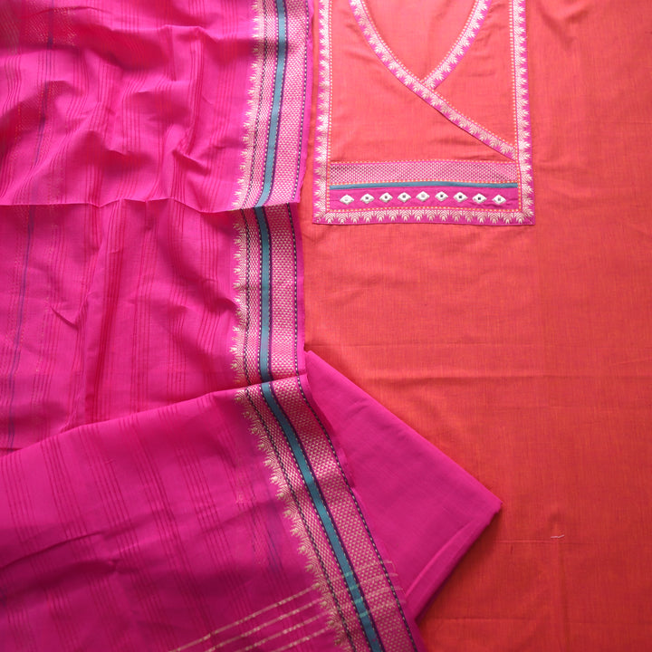 Sanskruti Orange with Magenta Angrakha Style South Cotton Temple Hem Suit Set