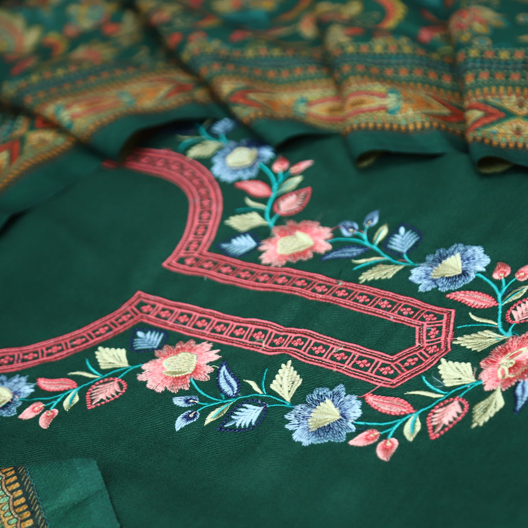 भानु Dark Green with Elegant All Over Embroidery Work Semi Pashmina winter Set