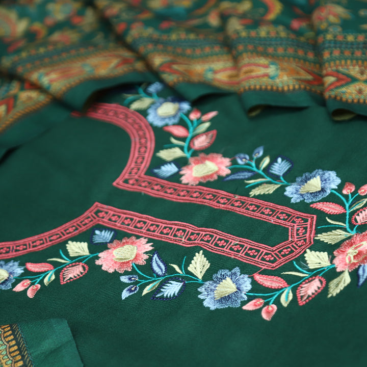 भानु Dark Green with Elegant All Over Embroidery Work Semi Pashmina winter Set