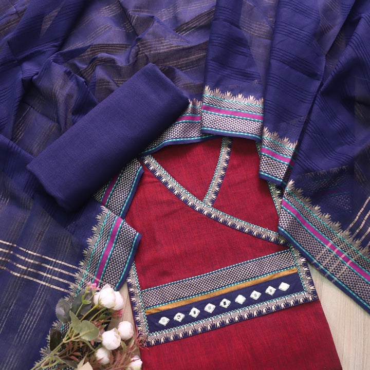 Sanskruti Maroon with Blue Angrakha Style South Cotton Temple Hem Suit Set