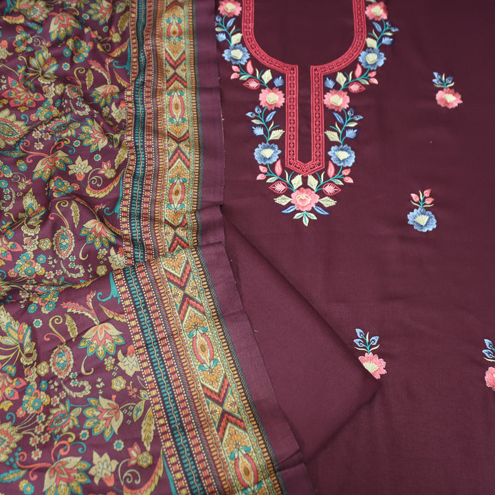 भानु Dark Wine with Elegant All Over Embroidery Work Semi Pashmina winter Set