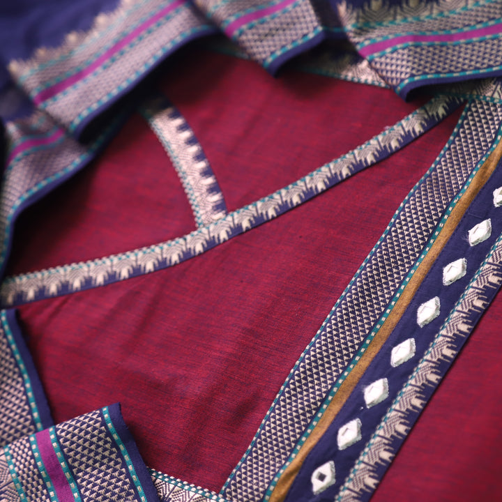 Sanskruti Maroon with Blue Angrakha Style South Cotton Temple Hem Suit Set
