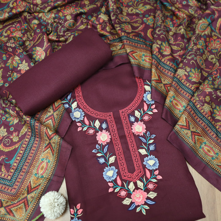 भानु Dark Wine with Elegant All Over Embroidery Work Semi Pashmina winter Set