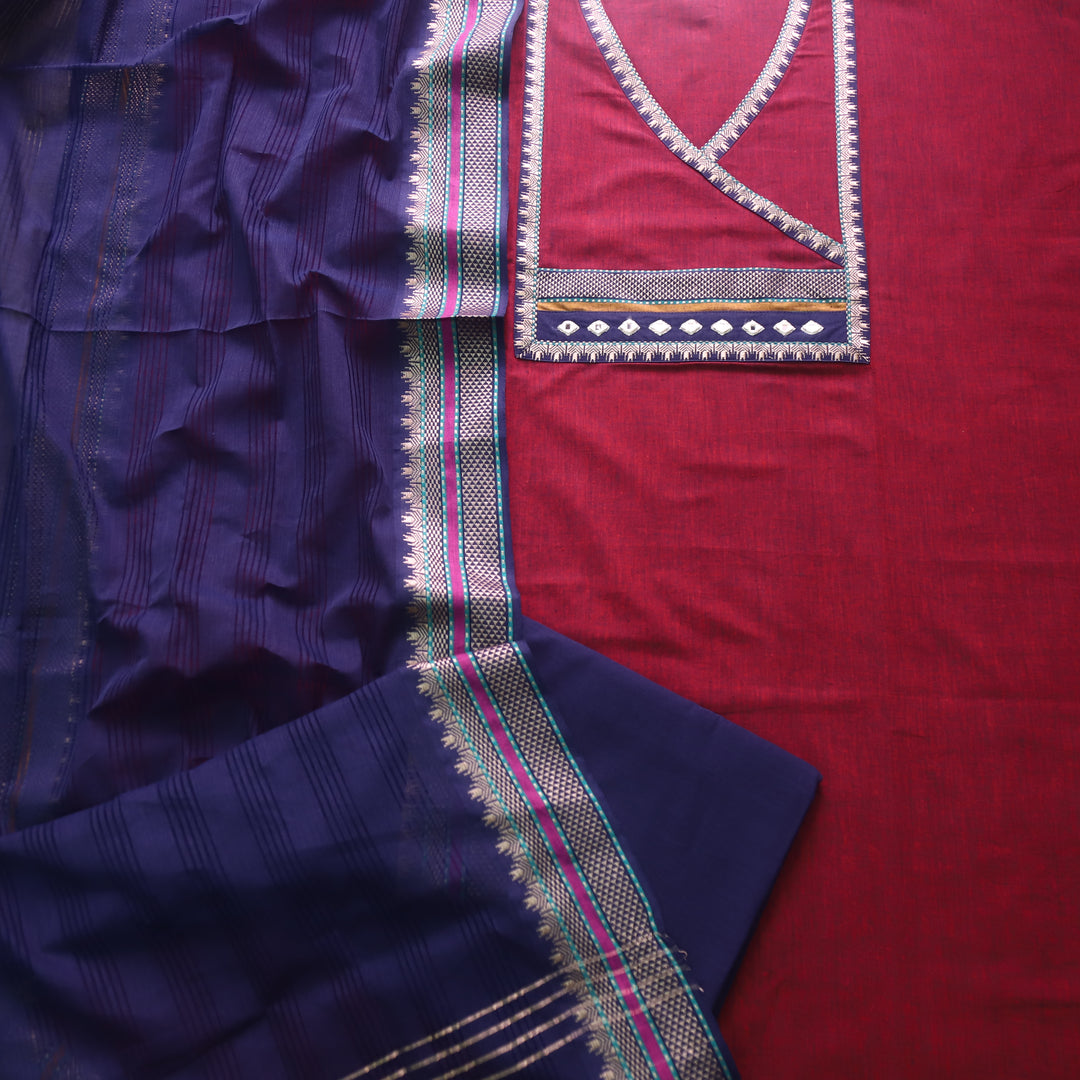 Sanskruti Maroon with Blue Angrakha Style South Cotton Temple Hem Suit Set