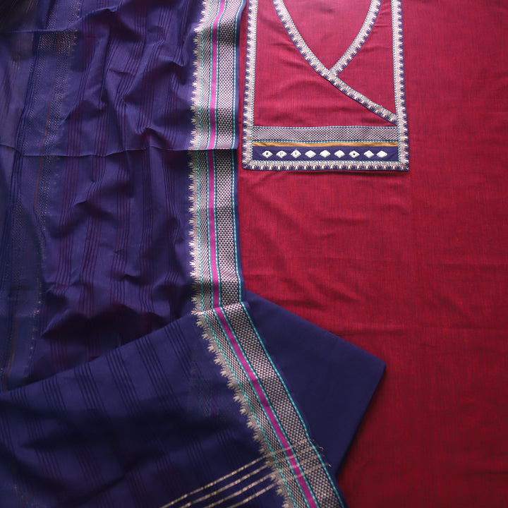 Sanskruti Maroon with Blue Angrakha Style South Cotton Temple Hem Suit Set
