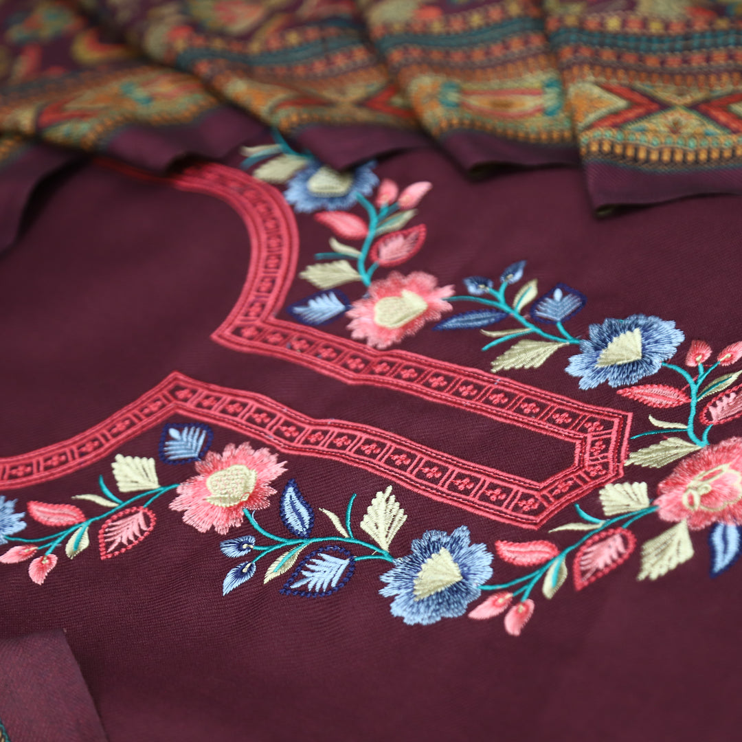 भानु Dark Wine with Elegant All Over Embroidery Work Semi Pashmina winter Set