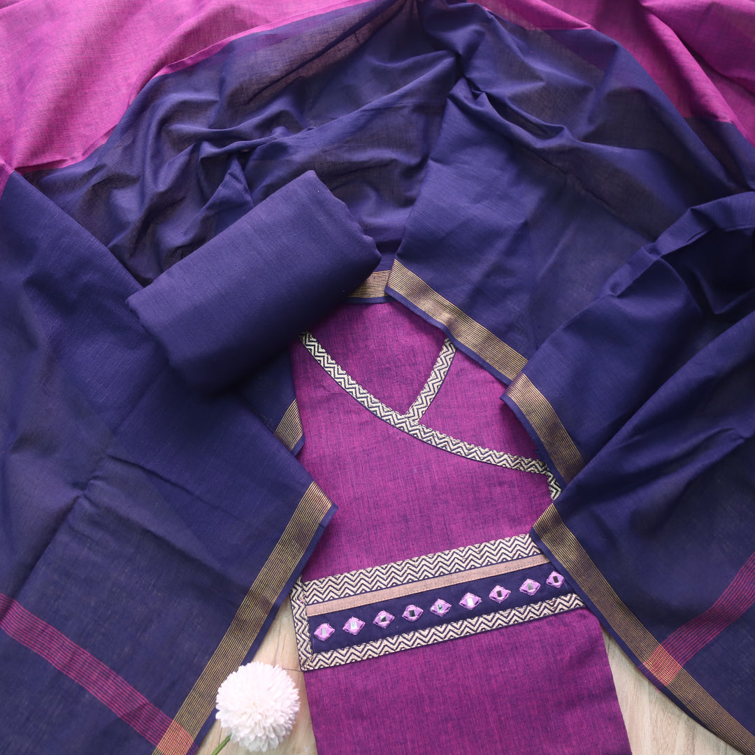 Sanskruti Plum Purple with Blue Angrakha Style South Cotton Temple Hem Suit Set