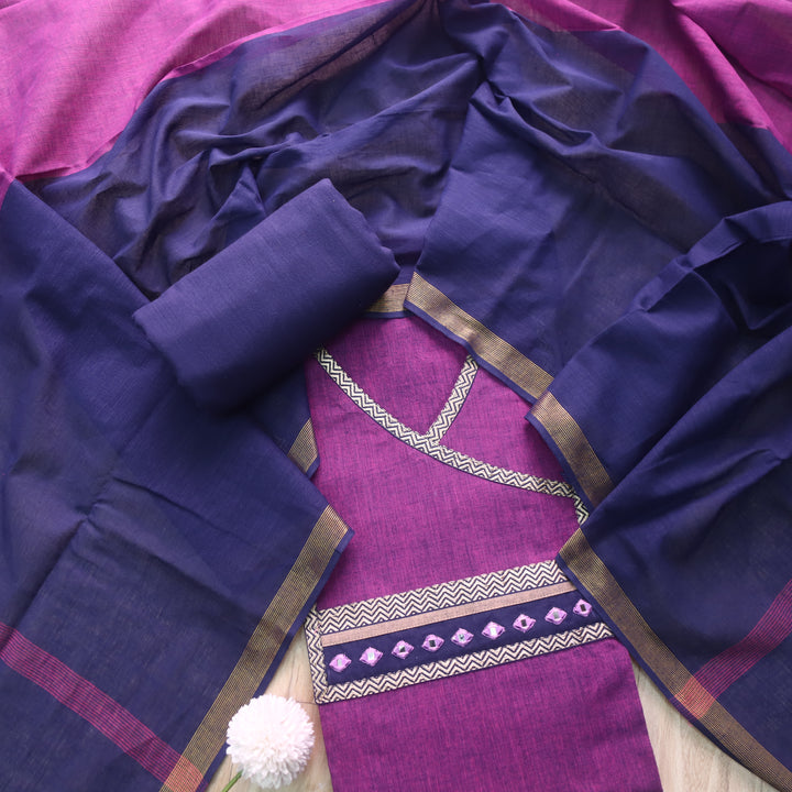 Sanskruti Plum Purple with Blue Angrakha Style South Cotton Temple Hem Suit Set