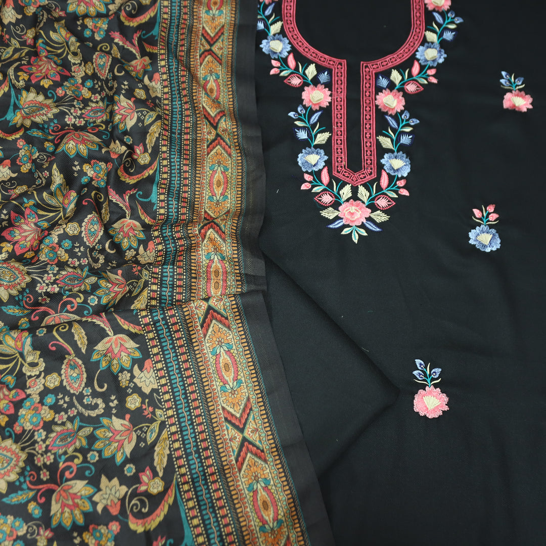 भानु Ebony Black with Elegant All Over Embroidery Work Semi Pashmina winter Set