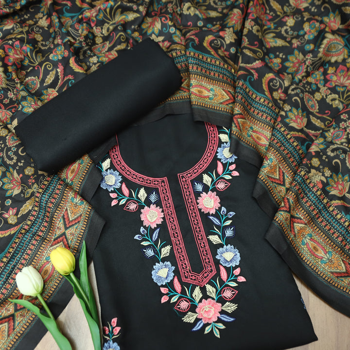 भानु Ebony Black with Elegant All Over Embroidery Work Semi Pashmina winter Set
