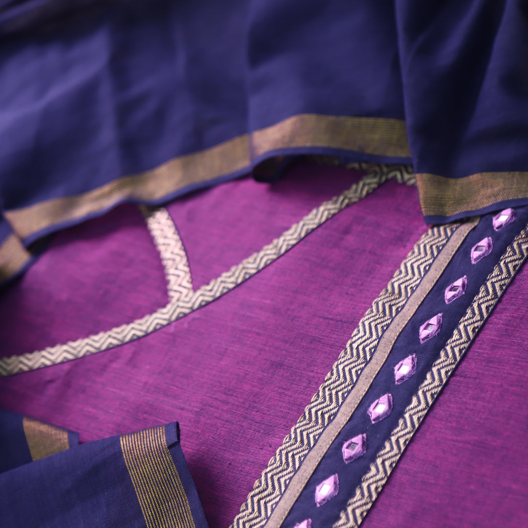 Sanskruti Plum Purple with Blue Angrakha Style South Cotton Temple Hem Suit Set