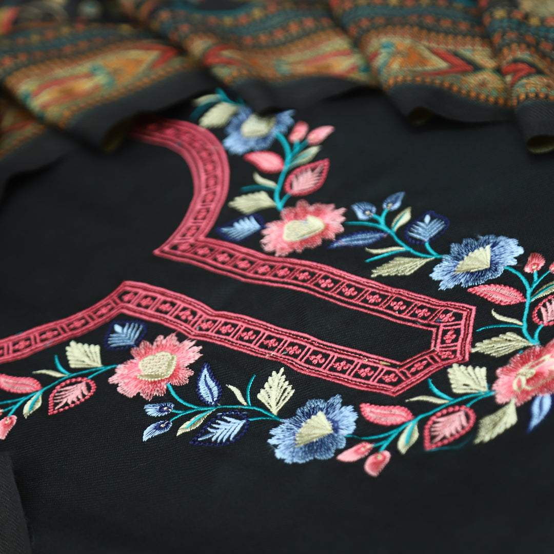 भानु Ebony Black with Elegant All Over Embroidery Work Semi Pashmina winter Set