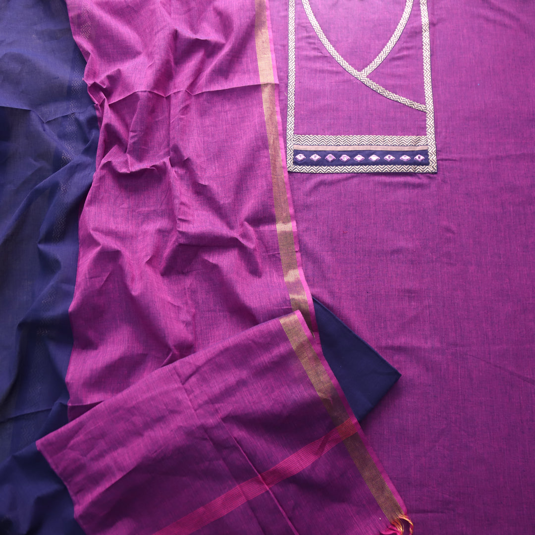 Sanskruti Plum Purple with Blue Angrakha Style South Cotton Temple Hem Suit Set