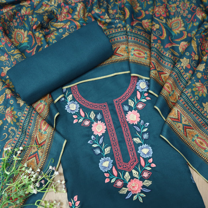 भानु Denim Blue with Elegant All Over Embroidery Work Semi Pashmina winter Set