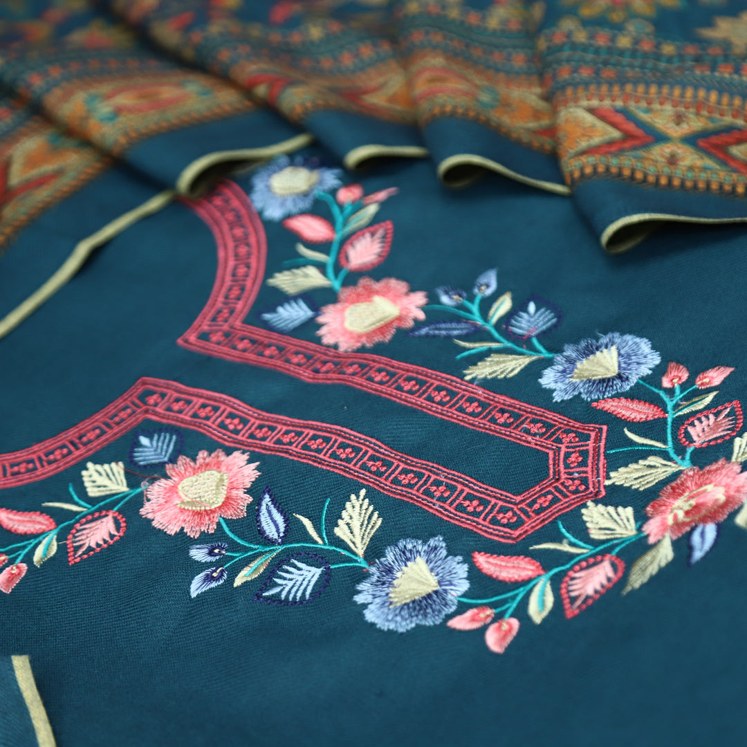 भानु Denim Blue with Elegant All Over Embroidery Work Semi Pashmina winter Set