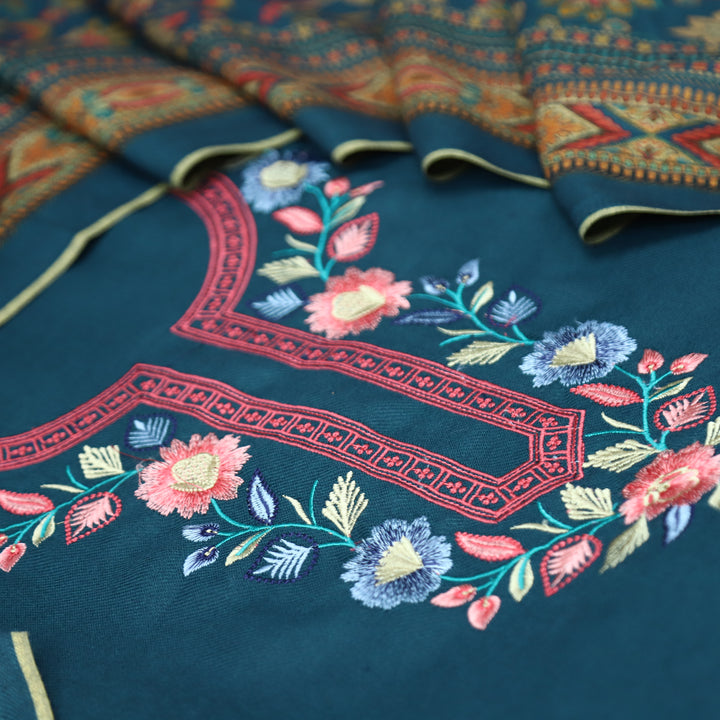 भानु Denim Blue with Elegant All Over Embroidery Work Semi Pashmina winter Set