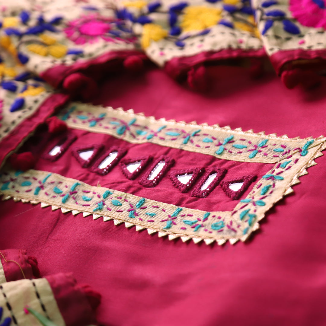 Phoolkumari Magenta Purple  Mirror In Front with Patch Glazed Cotton Suit Set