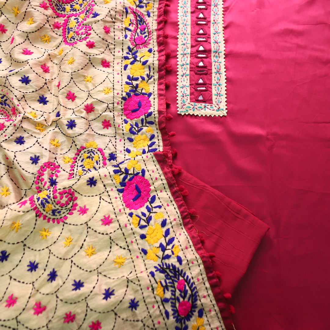 Phoolkumari Magenta Purple  Mirror In Front with Patch Glazed Cotton Suit Set