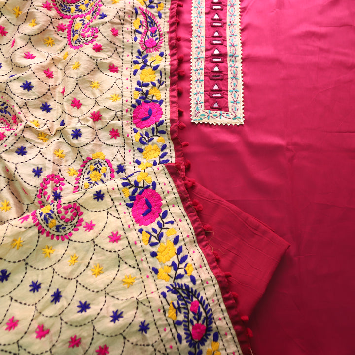 Phoolkumari Magenta Purple  Mirror In Front with Patch Glazed Cotton Suit Set