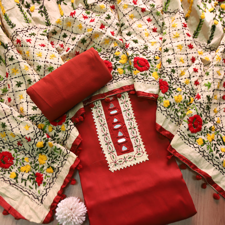 Phoolkumari Bride Red Mirror In Front with Patch Glazed Cotton Suit Set