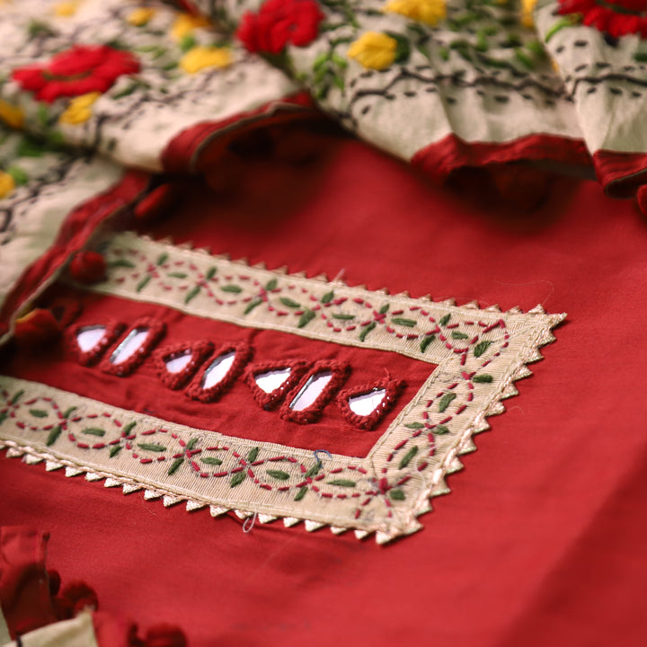 Phoolkumari Bride Red Mirror In Front with Patch Glazed Cotton Suit Set