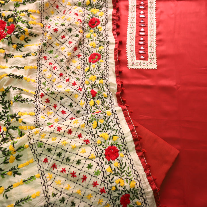 Phoolkumari Bride Red Mirror In Front with Patch Glazed Cotton Suit Set