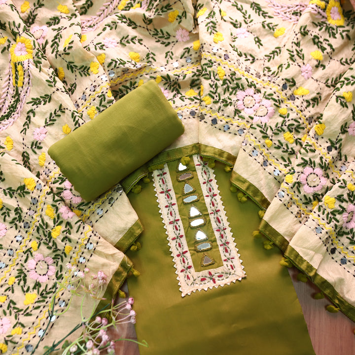 Phoolkumari Parrot Green Mirror In Front with Patch Glazed Cotton Suit Set