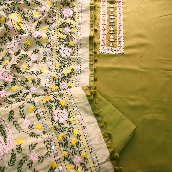 Phoolkumari Parrot Green Mirror In Front with Patch Glazed Cotton Suit Set