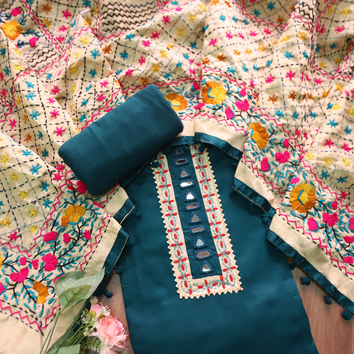 Phoolkumari Dark Teal Mirror In Front with Patch Glazed Cotton Suit Set