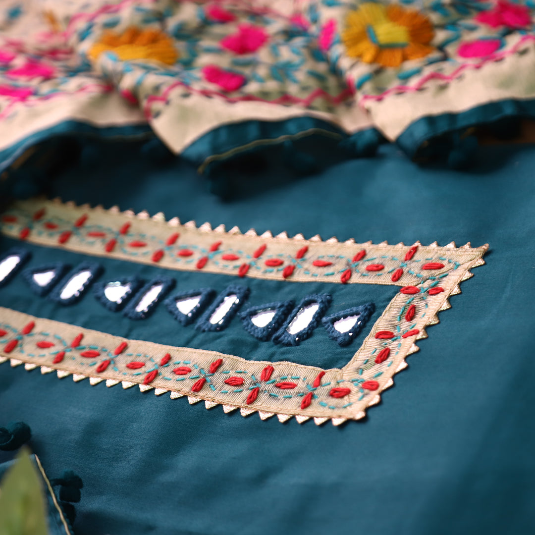 Phoolkumari Dark Teal Mirror In Front with Patch Glazed Cotton Suit Set