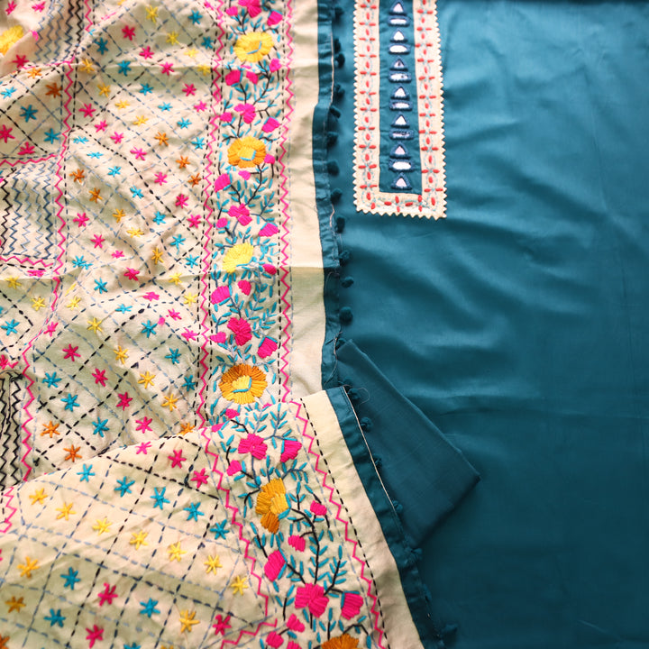 Phoolkumari Dark Teal Mirror In Front with Patch Glazed Cotton Suit Set