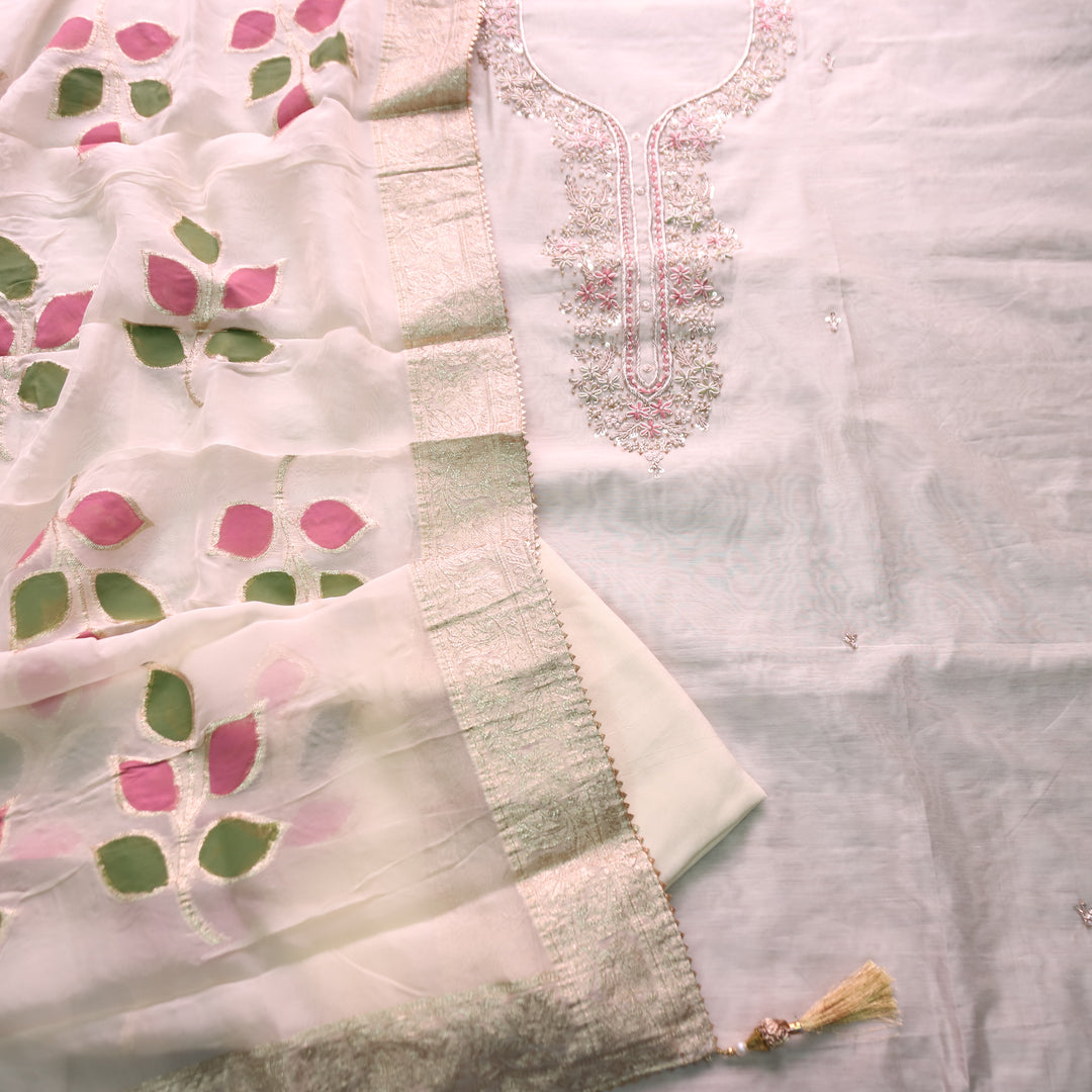 Sukhna Light Baby Pink Embellished Neck Work with Kardana Chanderi Set