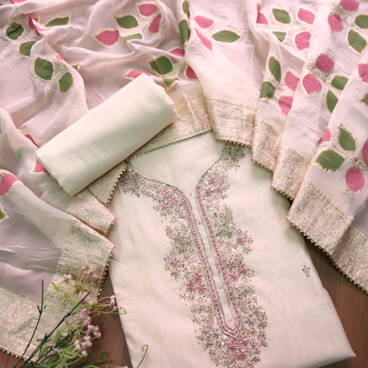 Sukhna Light Baby Pink Embellished Neck Work with Kardana Chanderi Set