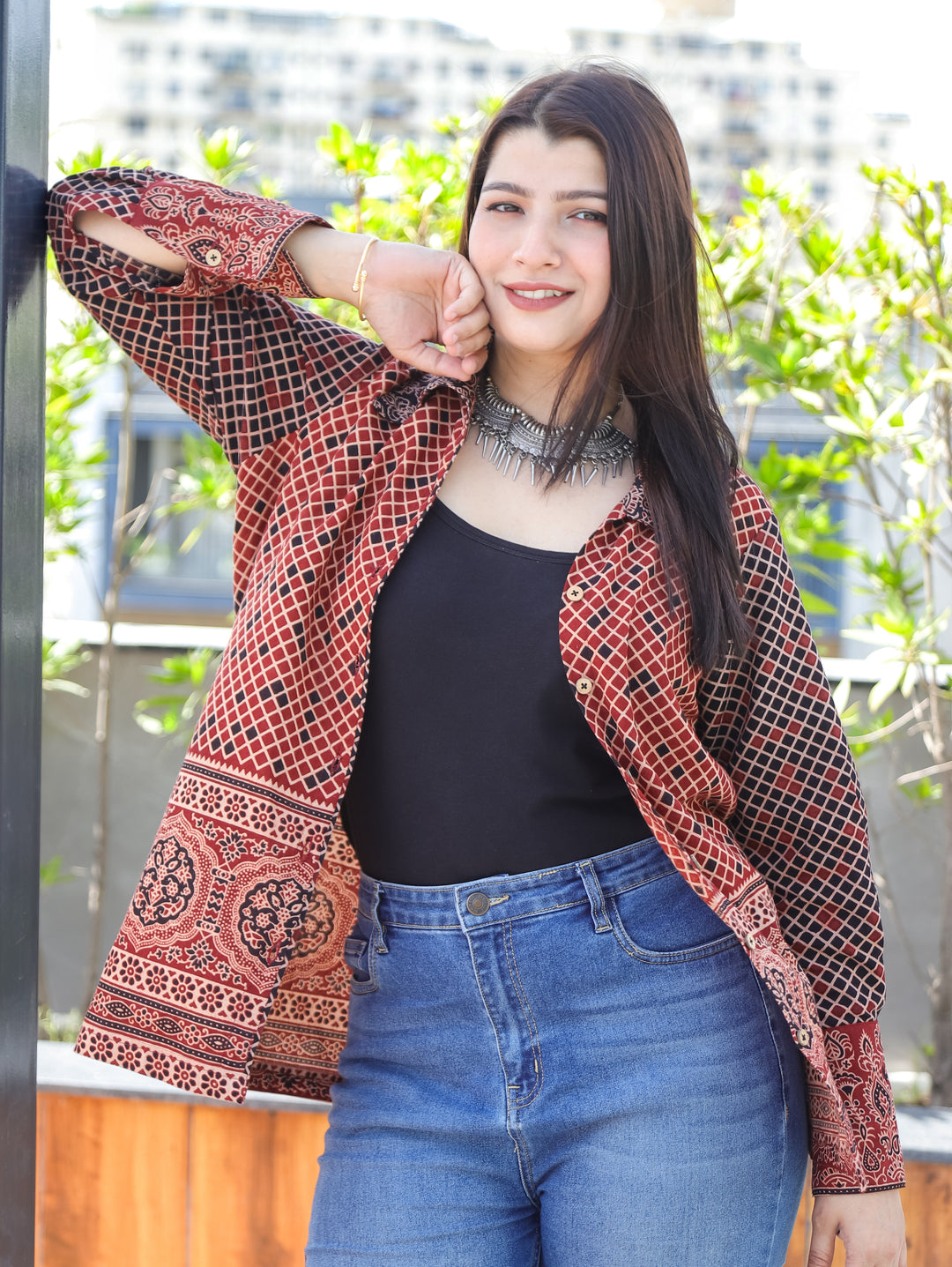 Alize Maroon Red Ajrak Cotton Shirt